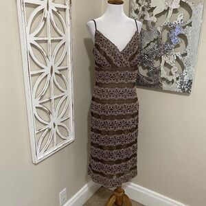 NWT CACHET size 8 CHOCOLATE GOLD LACE LINED MIDI FORMAL SHEATH DRESS